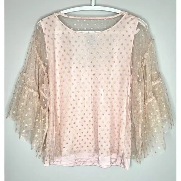 Pink Gold Polka Dot Sheer Bell Sleeve Romantic Fairy Fairycore top L - Picture 5 of 7